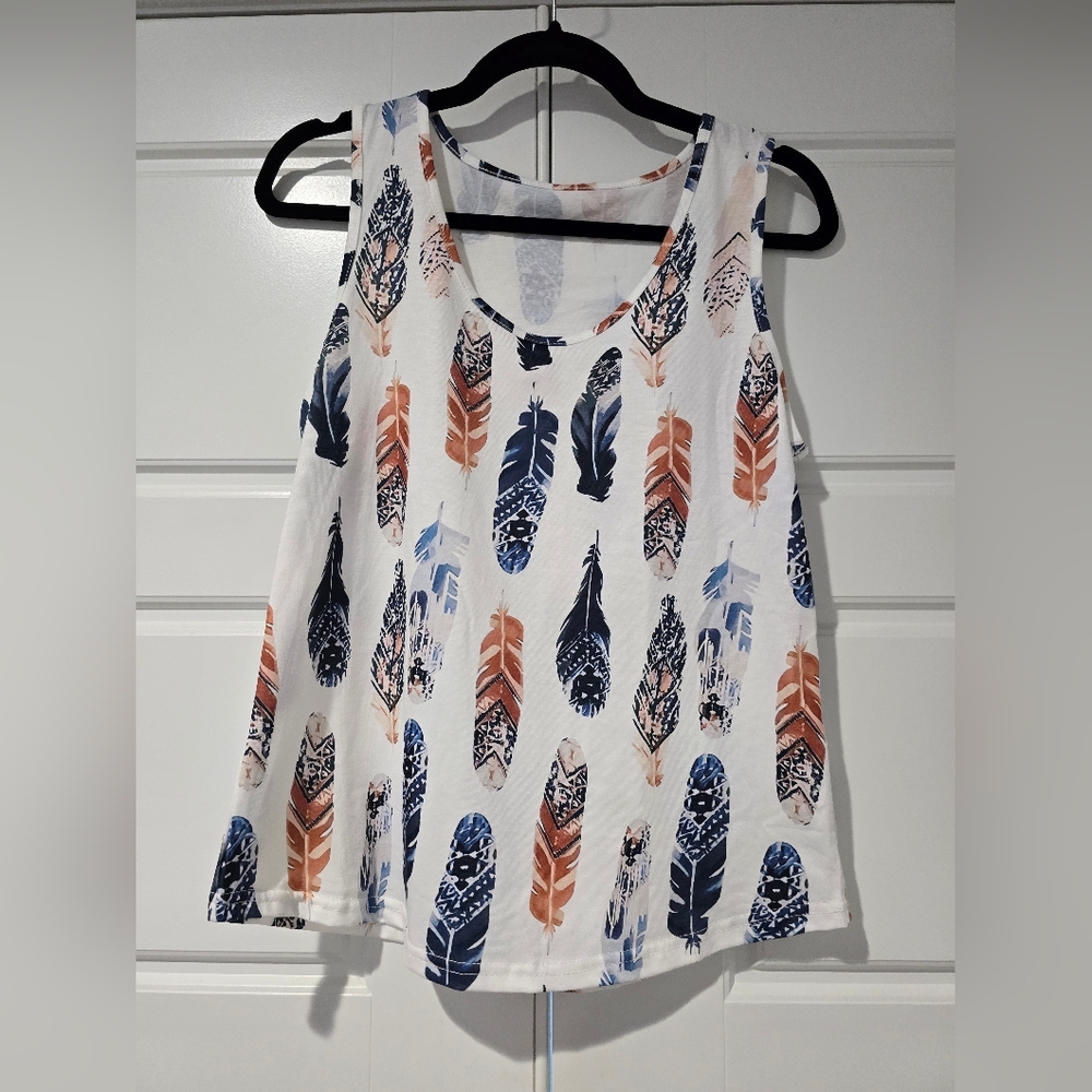 Feather Print Tank Top — White/Blue/Rust — Size M